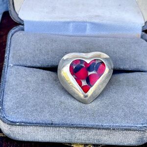 Vintage Heart Ring Sterling Silver w/ Resin Adjustable Size 8 or larger huayruro